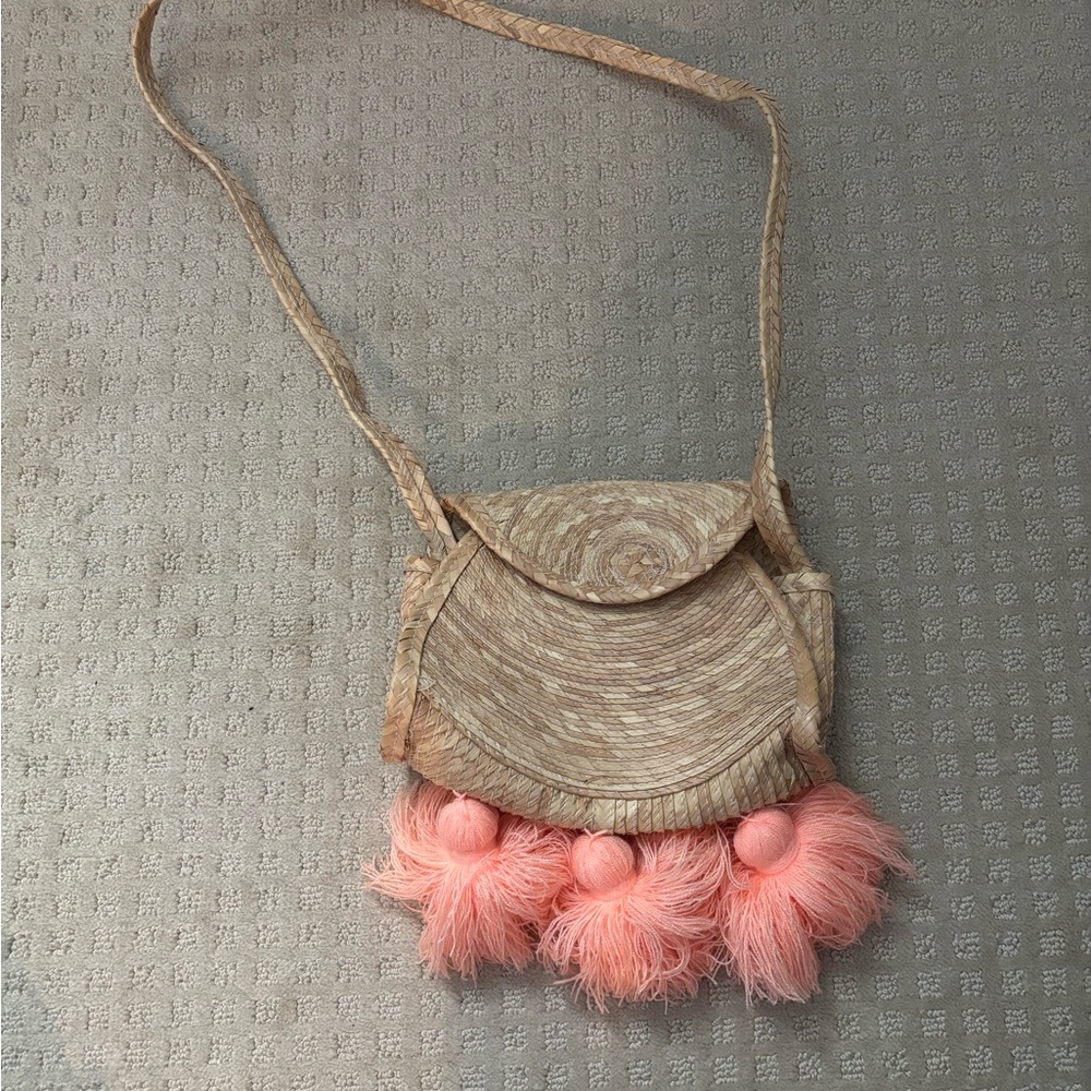 Chic Tan and Pink Pom-Pom Crossbody Bag